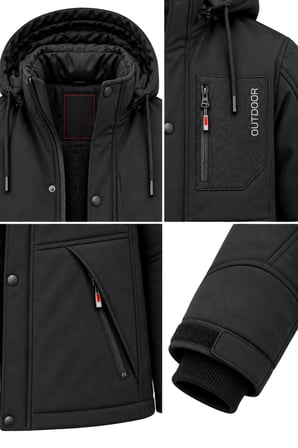 Erkek Siyah Kapüşonlu Kışlık Softshell Suya Dayanıklı Fermuarlı Cepli Outdoor Mont