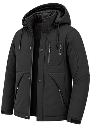 Erkek Siyah Kapüşonlu Kışlık Softshell Suya Dayanıklı Fermuarlı Cepli Outdoor Mont