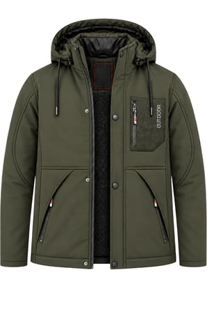 Erkek Yeşil Kapüşonlu Kışlık Softshell Suya Dayanıklı Fermuarlı Cepli Outdoor Mont