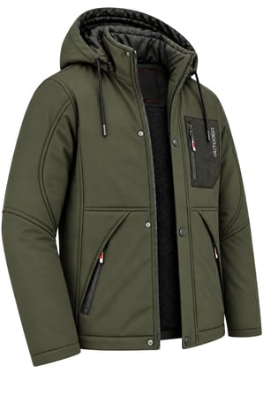 Erkek Yeşil Kapüşonlu Kışlık Softshell Suya Dayanıklı Fermuarlı Cepli Outdoor Mont