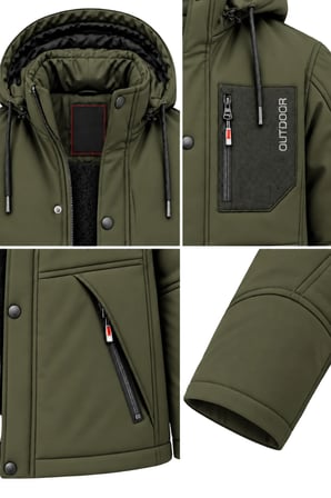 Erkek Yeşil Kapüşonlu Kışlık Softshell Suya Dayanıklı Fermuarlı Cepli Outdoor Mont