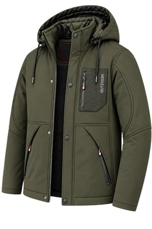 Erkek Yeşil Kapüşonlu Kışlık Softshell Suya Dayanıklı Fermuarlı Cepli Outdoor Mont