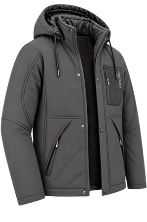 Erkek Gri Kapüşonlu Kışlık Softshell Suya Dayanıklı Fermuarlı Cepli Outdoor Mont