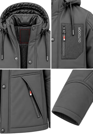 Erkek Gri Kapüşonlu Kışlık Softshell Suya Dayanıklı Fermuarlı Cepli Outdoor Mont