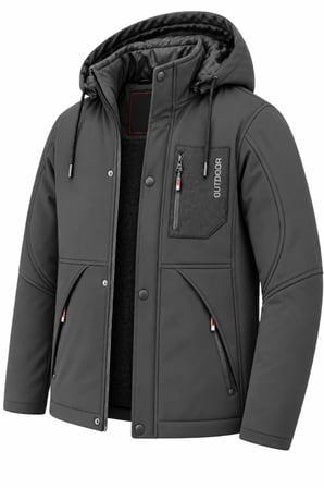 Erkek Gri Kapüşonlu Kışlık Softshell Suya Dayanıklı Fermuarlı Cepli Outdoor Mont