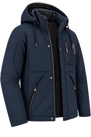 Erkek Lacivert Kapüşonlu Kışlık Softshell Suya Dayanıklı Fermuarlı Cepli Outdoor Mont