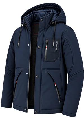 Erkek Lacivert Kapüşonlu Kışlık Softshell Suya Dayanıklı Fermuarlı Cepli Outdoor Mont