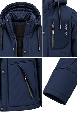Erkek Lacivert Kapüşonlu Kışlık Softshell Suya Dayanıklı Fermuarlı Cepli Outdoor Mont