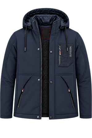 Erkek Lacivert Kapüşonlu Kışlık Softshell Suya Dayanıklı Fermuarlı Cepli Outdoor Mont