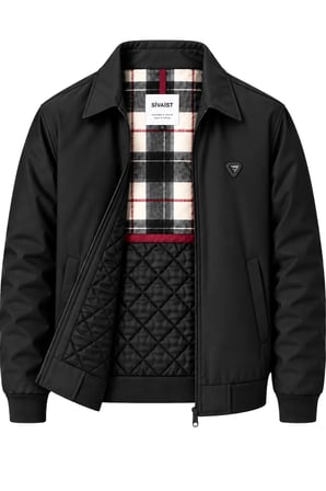 Erkek Siyah Harrington Ceket – Üçgen Armalı, Ekose Astarlı, Ribanalı, Fermuarlı Premium Mont