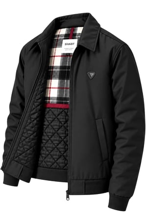 Erkek Siyah Harrington Ceket – Üçgen Armalı, Ekose Astarlı, Ribanalı, Fermuarlı Premium Mont