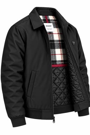 Erkek Siyah Harrington Ceket – Üçgen Armalı, Ekose Astarlı, Ribanalı, Fermuarlı Premium Mont