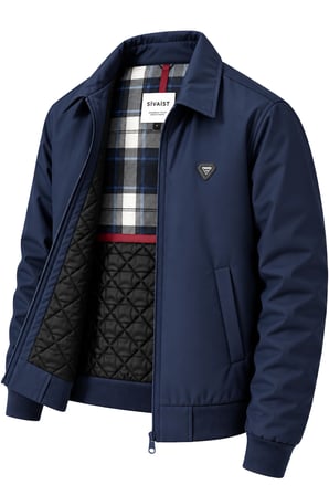 Erkek Lacivert Harrington Ceket – Üçgen Armalı, Ekose Astarlı, Ribanalı, Fermuarlı Premium Mont