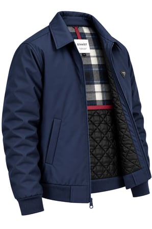 Erkek Lacivert Harrington Ceket – Üçgen Armalı, Ekose Astarlı, Ribanalı, Fermuarlı Premium Mont