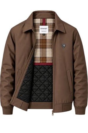 Erkek Kahverengi Harrington Ceket – Üçgen Armalı, Ekose Astarlı, Ribanalı, Fermuarlı Premium Mont