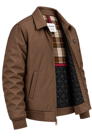 Erkek Kahverengi Harrington Ceket – Üçgen Armalı, Ekose Astarlı, Ribanalı, Fermuarlı Premium Mont
