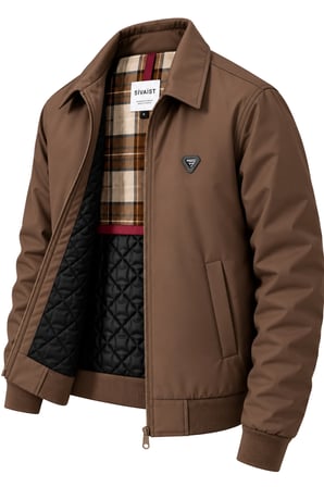 Erkek Kahverengi Harrington Ceket – Üçgen Armalı, Ekose Astarlı, Ribanalı, Fermuarlı Premium Mont