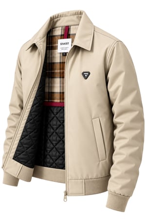 Erkek Açık Krem Harrington Ceket – Üçgen Armalı, Ekose Astarlı, Ribanalı, Fermuarlı Premium Mont