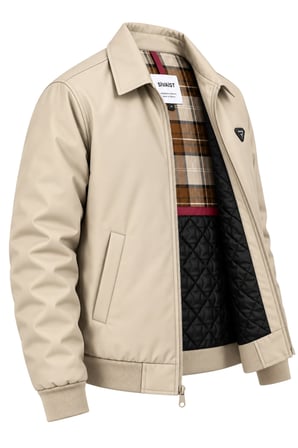 Erkek Açık Krem Harrington Ceket – Üçgen Armalı, Ekose Astarlı, Ribanalı, Fermuarlı Premium Mont