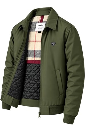 Erkek Yeşil Harrington Ceket – Üçgen Armalı, Ekose Astarlı, Ribanalı, Fermuarlı Premium Mont