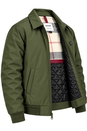 Erkek Yeşil Harrington Ceket – Üçgen Armalı, Ekose Astarlı, Ribanalı, Fermuarlı Premium Mont