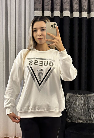 Muadil Taşlı Sweatshirt Beyaz