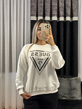 Muadil Taşlı Sweatshirt Beyaz