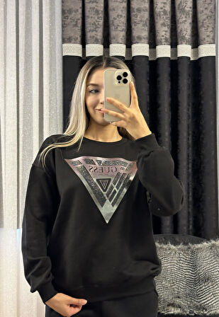 Muadil Taşlı Sweatshirt Siyah