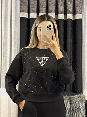 Muadil Taşlı Crop Sweatshirt Siyah