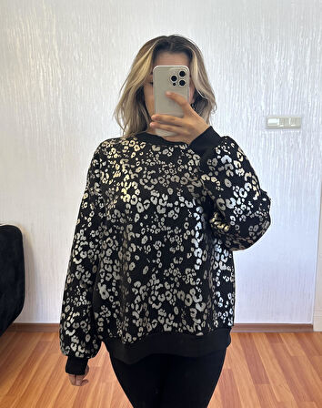 Leopar Desenli Sweatshirt Siyah