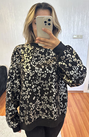 Leopar Desenli Sweatshirt Siyah