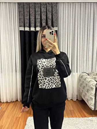 Leopar Detay Kapüşonlü Sweatshirt Siyah