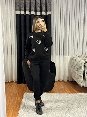 Kalp Detay Taş İşleme Sweatshirt Siyah