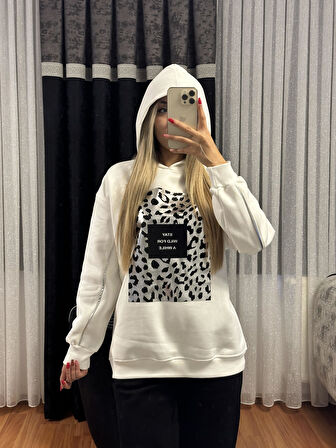 Leopar Detay Kapüşonlü Sweatshirt Beyaz