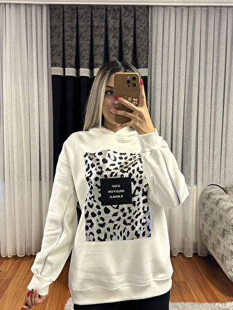 Leopar Detay Kapüşonlü Sweatshirt Beyaz