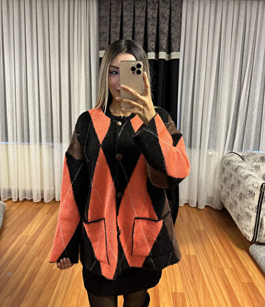 Orange - Siyah Baklava Desen Düğmeli Hırka