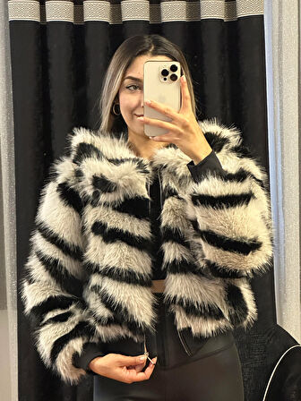 Zebra Desen Fermuarlı Kürk
