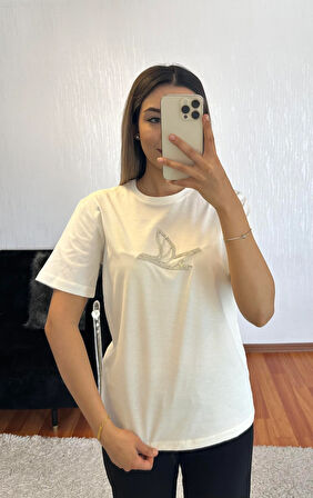 Marka Muadil Kuş Taşlı T-Shirt Kırık Beyaz