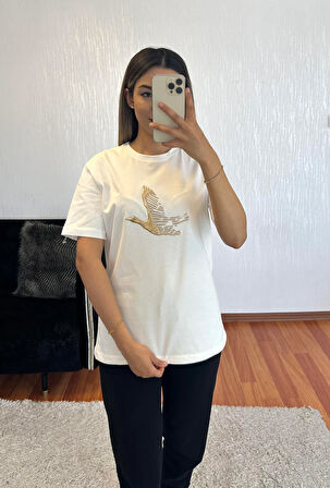 Marka Muadil Kuş Gold Kompakt T-Shirt Kırık Beyaz