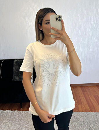 Marka Muadil Kuş Serpme Taşlı T-Shirt Kırık Beyaz