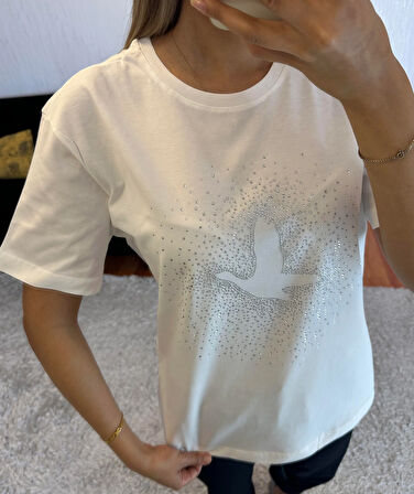 Marka Muadil Kuş Serpme Taşlı T-Shirt Kırık Beyaz