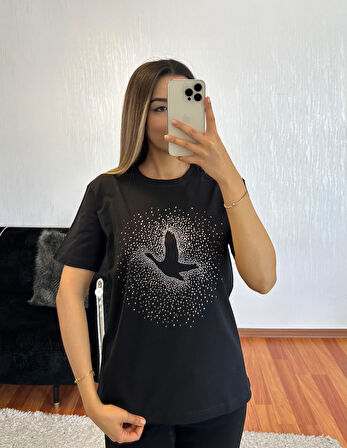 Marka Muadil Kuş Serpme Taşlı T-Shirt Siyah