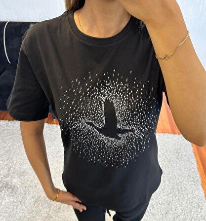 Marka Muadil Kuş Serpme Taşlı T-Shirt Siyah
