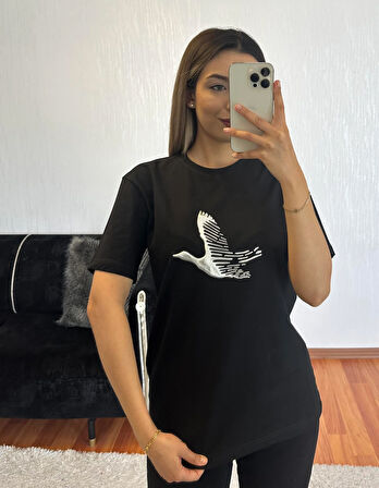 Marka Muadil Kuş Gümüş Kompakt T-Shirt Siyah