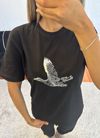 Marka Muadil Kuş Gümüş Kompakt T-Shirt Siyah
