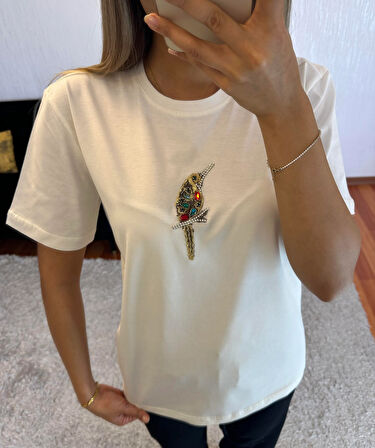 Marka Muadil Dal Kuş İri Taşlı T-Shirt Kırık Beyaz