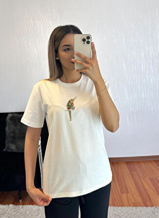 Marka Muadil Dal Kuş İri Taşlı T-Shirt Kırık Beyaz