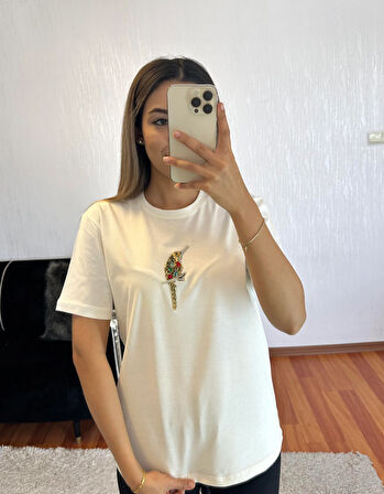 Marka Muadil Dal Kuş İri Taşlı T-Shirt Kırık Beyaz