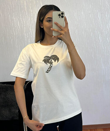 Marka Muadil Palmiye Taşlı T-Shirt Kırık Beyaz