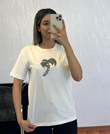 Marka Muadil Palmiye Taşlı T-Shirt Kırık Beyaz